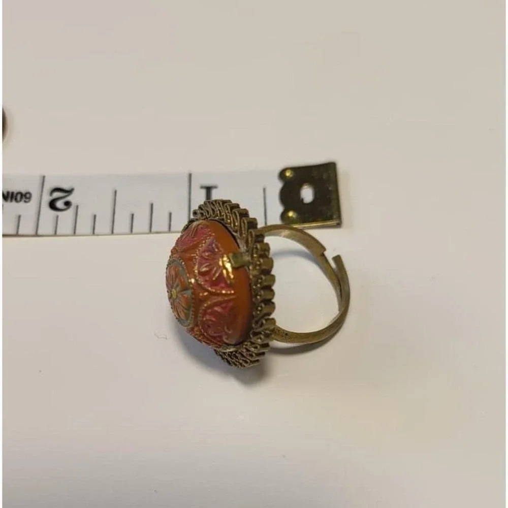 Antique VTG Adjustable Brass Ring Orange Enamel Floral Design Ornate Filigree